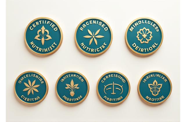 Collection of official wellness and health certification badges for nutrition, mindfulness, and psychology