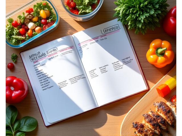 A neatly organized weekly meal plan on a stylish wooden cutting board, surrounded by fresh ingredients and healthy prepared meals in containers, implying ease and efficiency.