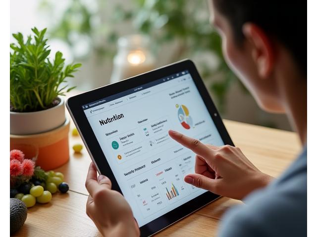 A person engaging with a digital health assessment on a tablet, displaying charts and personalized data, with wholesome food items artfully arranged nearby.
