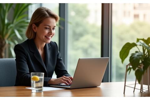 Image of a professional woman on a laptop in a modern, clean office, sipping tea.