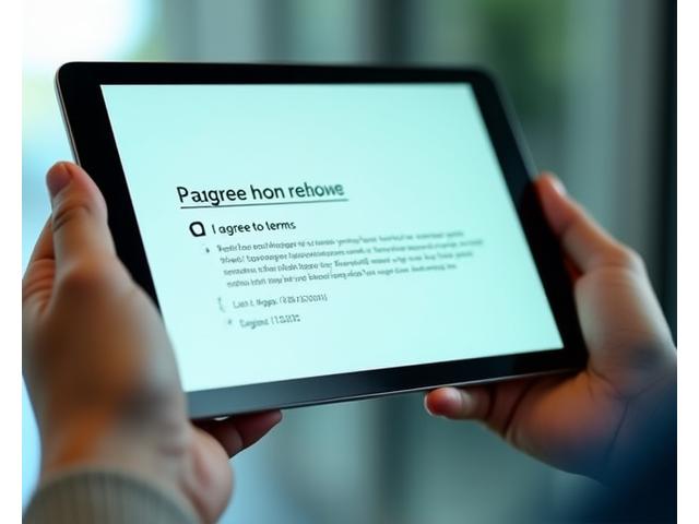 Close-up of a hand holding a tablet displaying a secure digital agreement form with a checkbox for 'I agree to terms'.